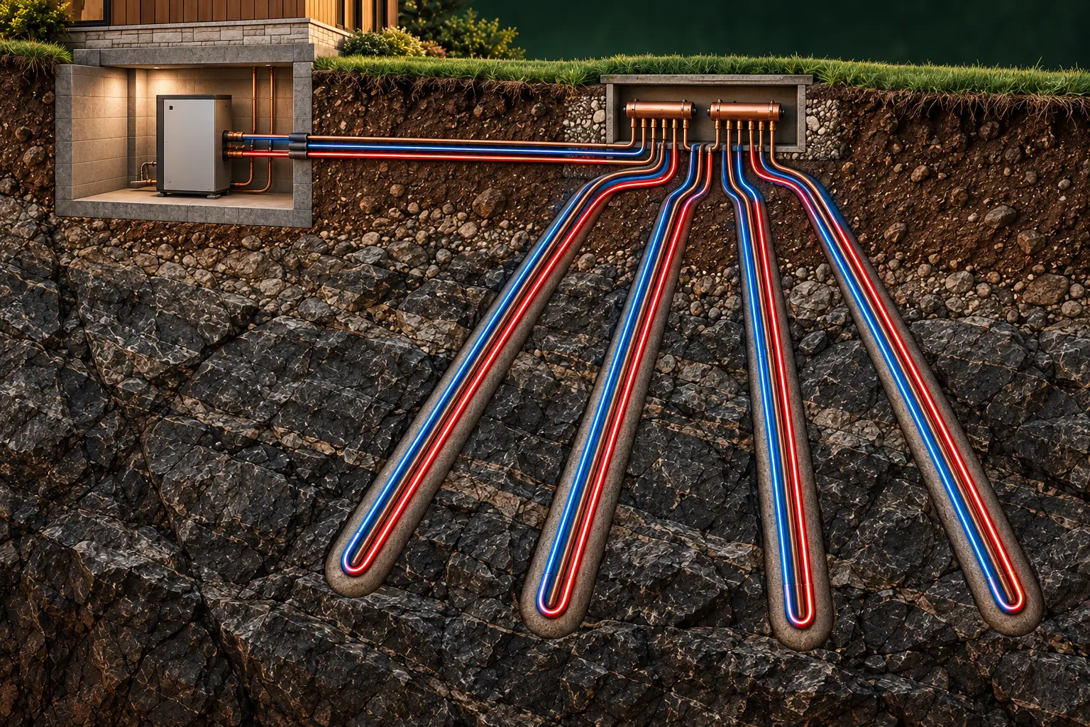 Illustration of a direct exchange geothermal system, with red and blue copper circuits extending into the ground