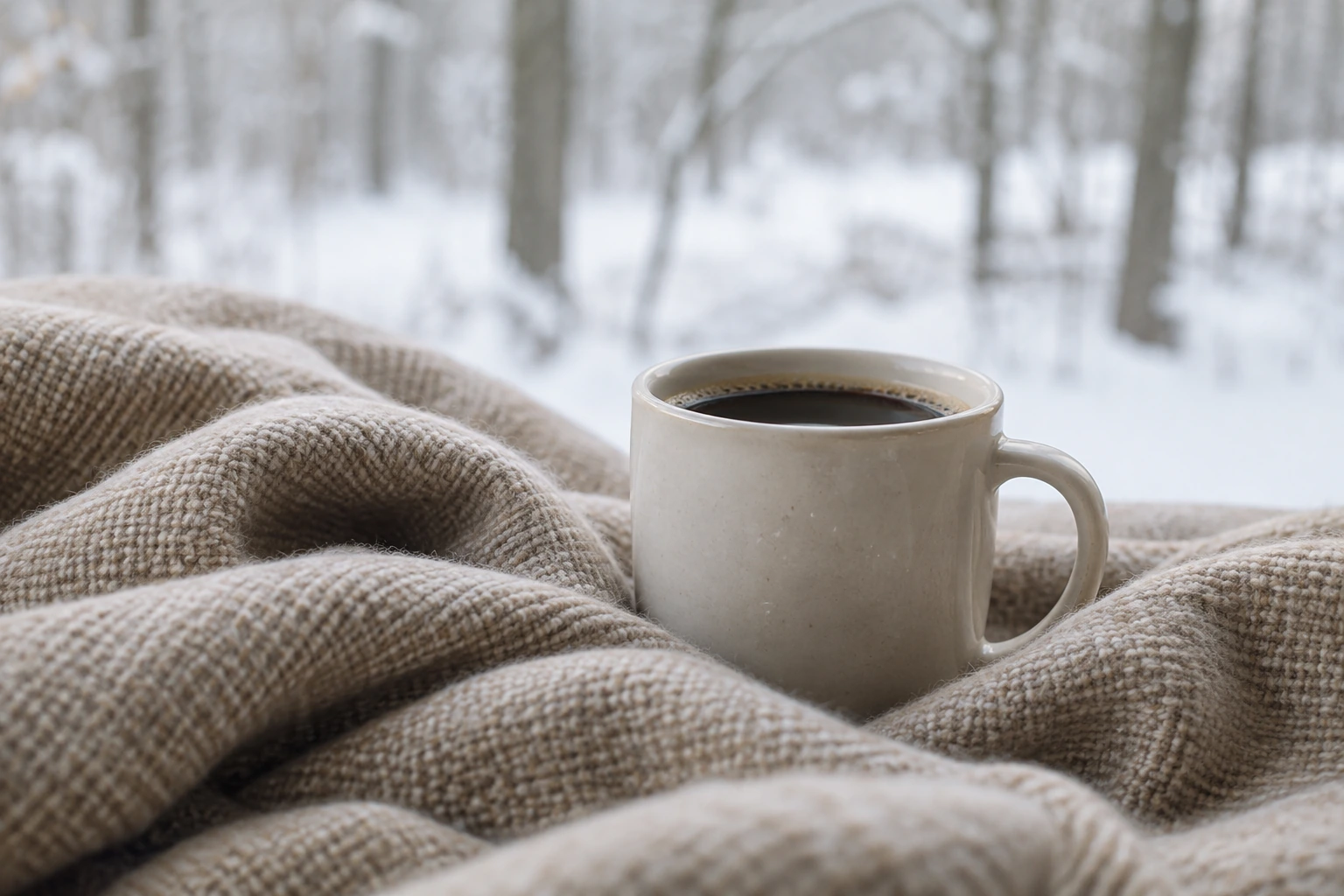 A ceramic mug beside a soft woven blanket, with snowy woodland softly blurred beyond