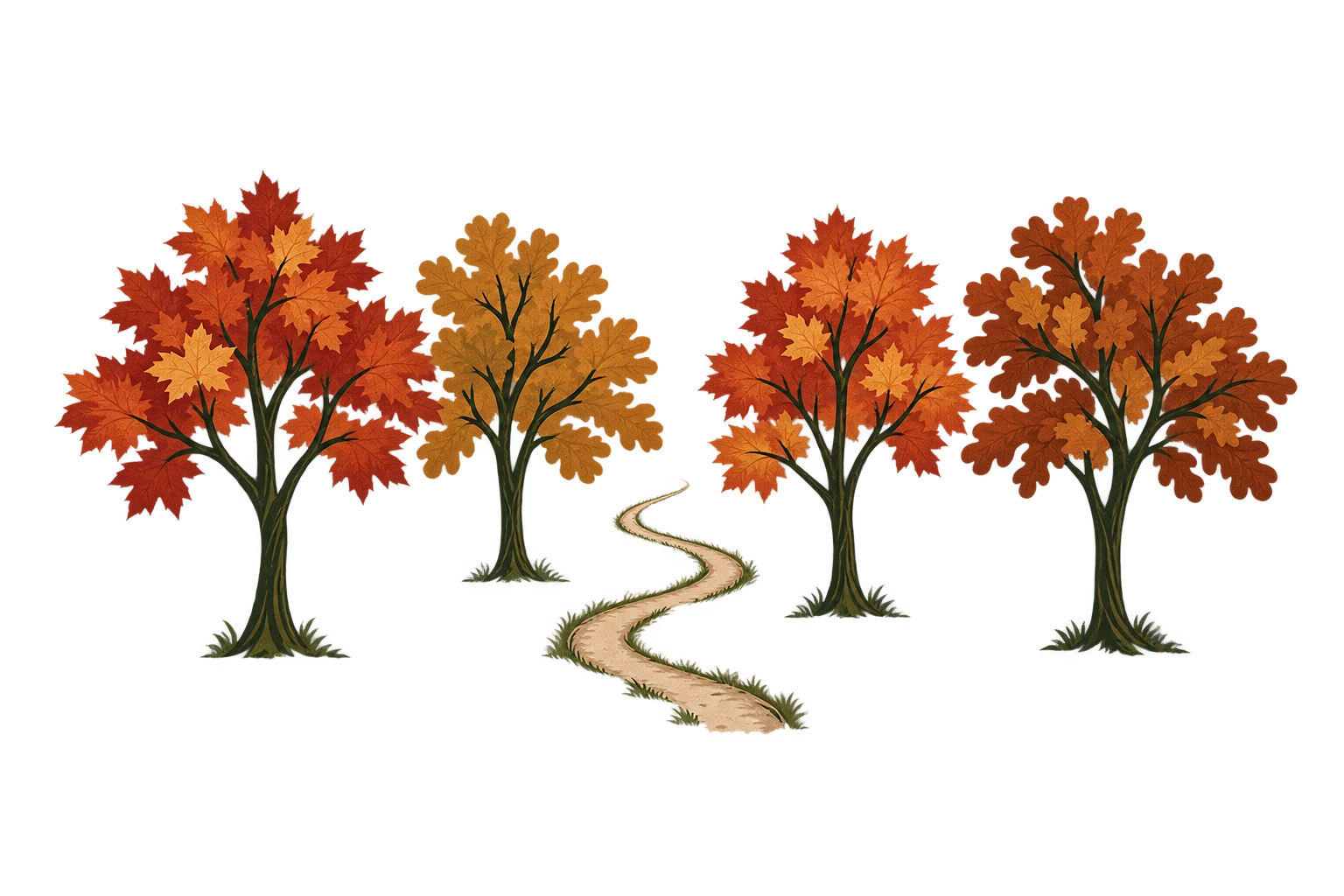 Four maple and oak trees in autumn color, with a slender trail winding between them