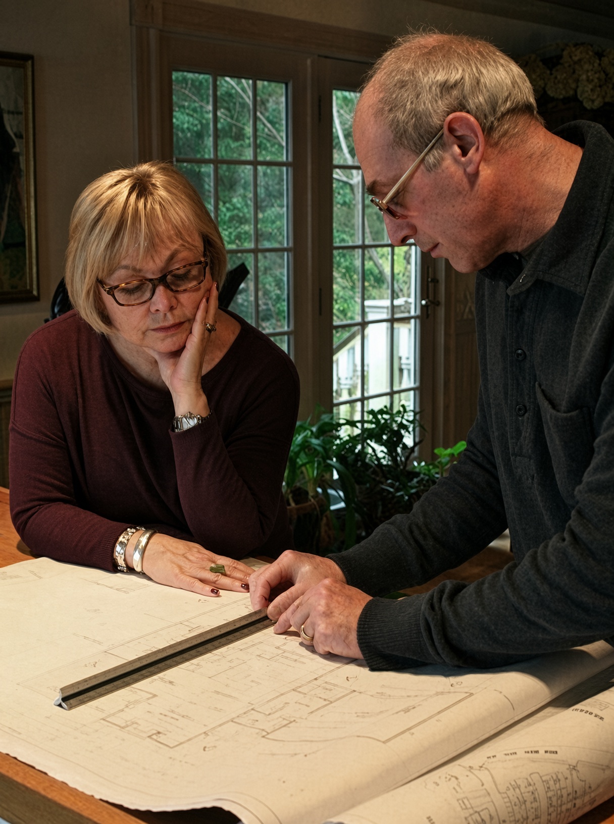 Susan Haft Moss and Eric Moss reviewing architectural plans